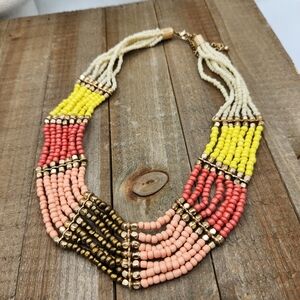Multicolor Beaded Bib Necklace • Orange, Yellow & Peach • Goldtone Spring Clasp